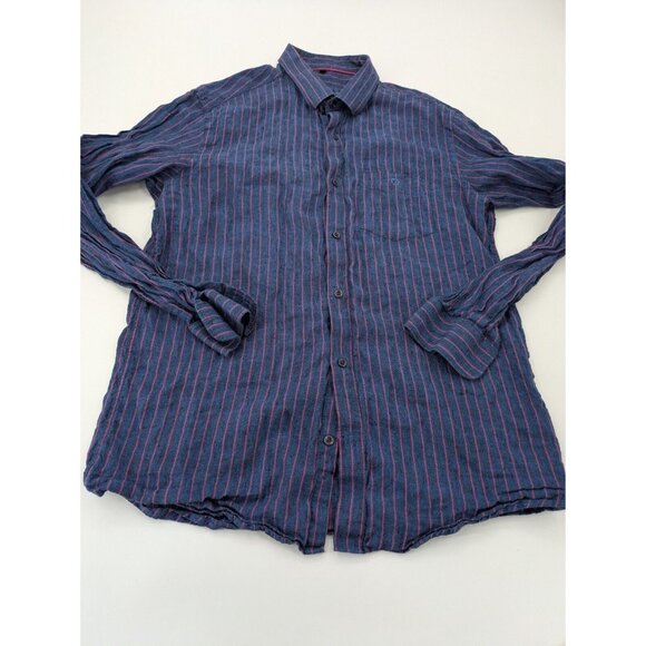 ZF Button Up Shirt Men's XXLarge Blue Purple Striped‎ 100% Linen Casual - Picture 1 of 10